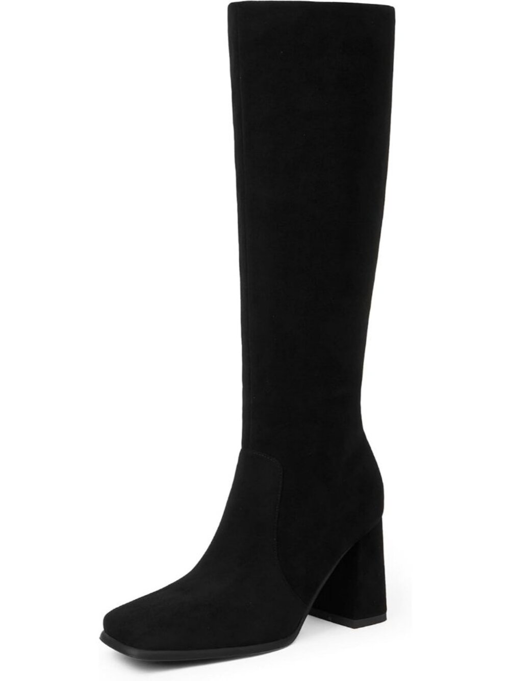 Women's Black Suede Solid Pull On Chunky Heel Square Toe Knee High Cowgirl Boots